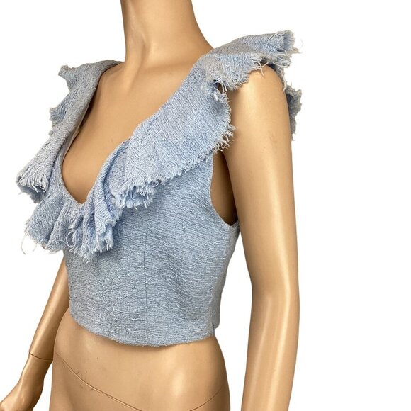 Zara Size Medium Woman Light Blue Textured Crop Top With Ruffled Sleeves - Picture 4 of 7